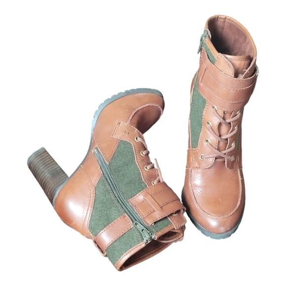 Antonio Melani Garnett Brown Green Leather Lace Up Buckle Zip Heel Boots US 7.5M - Picture 5 of 10